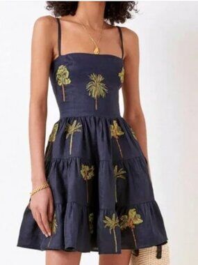 Agua Bendita Lima Tropico Embroidered Mini Dress Palm Trees